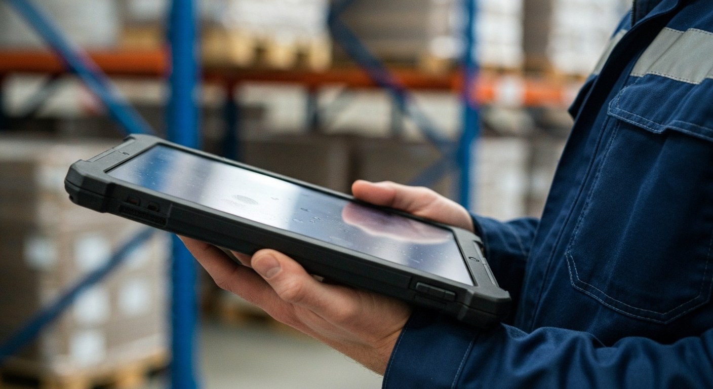 Logistics Manager Using Warehouse Management System Close-up of a person's hand holding a rugged tablet computer inside a warehouse with blurred shelves in the background.