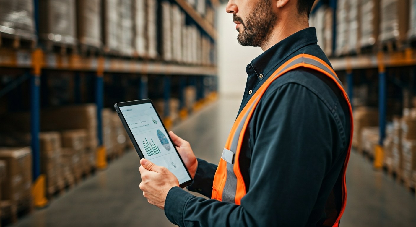 Sustainability Metrics Tracking Warehouse manager reviewing sustainability data on a tablet in a busy facility.