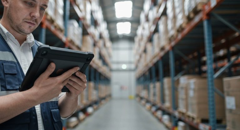 Warehouse manager analyzing inventory data on tablet