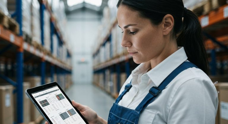 A focused warehouse manager looks at an inventory dashboard on a tablet in a modern distribution center.