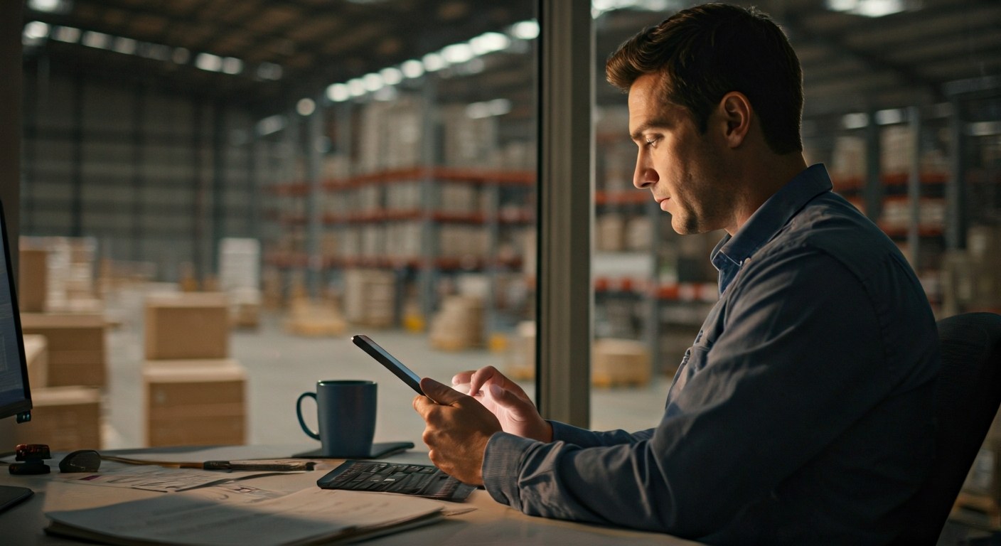 A warehouse manager reviews supply chain data on a tablet.
