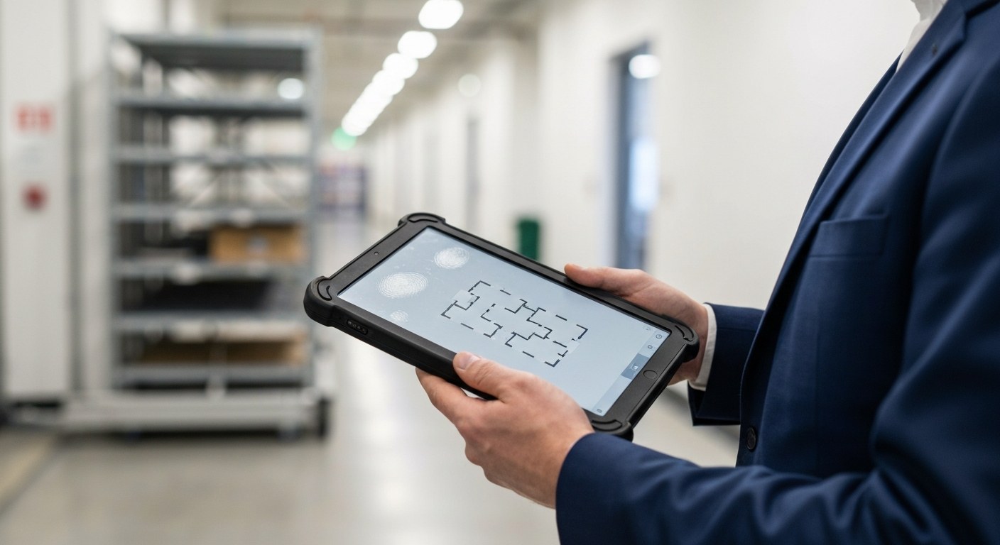 Logistics Manager Using Warehouse Management System Close-up of a warehouse manager's hands using a tablet to monitor autonomous systems in a logistics facility.