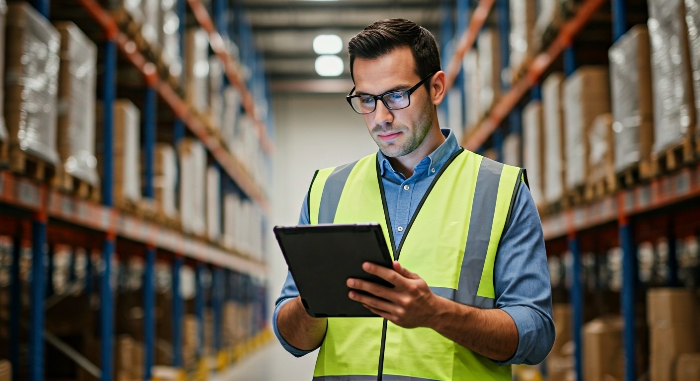 A warehouse manager in a safety vest looks at a tablet computer in a modern, brightly lit storage facility.