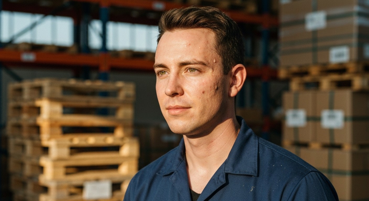 A portrait of a warehouse material handler standing in a sunlit aisle of a distribution center.