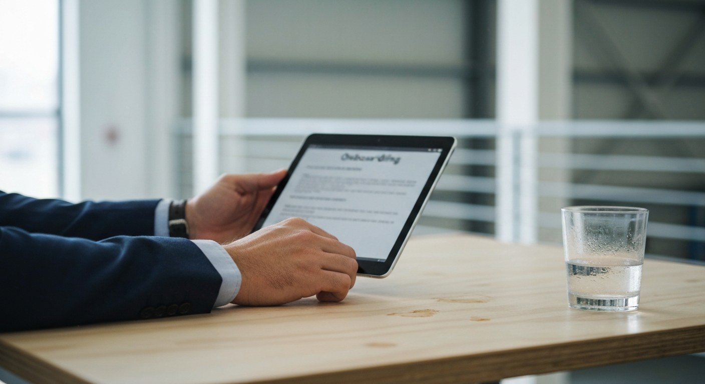 Modern Logistics Onboarding Process Close-up of hands holding a tablet in a bright office with a warehouse visible in the blurred background.