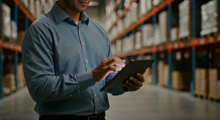 An Area Manager reviewing logistics metrics on a tablet in a busy warehouse environment.