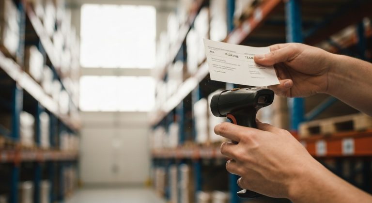 Warehouse worker checking a picking ticket and a digital inventory scanner.