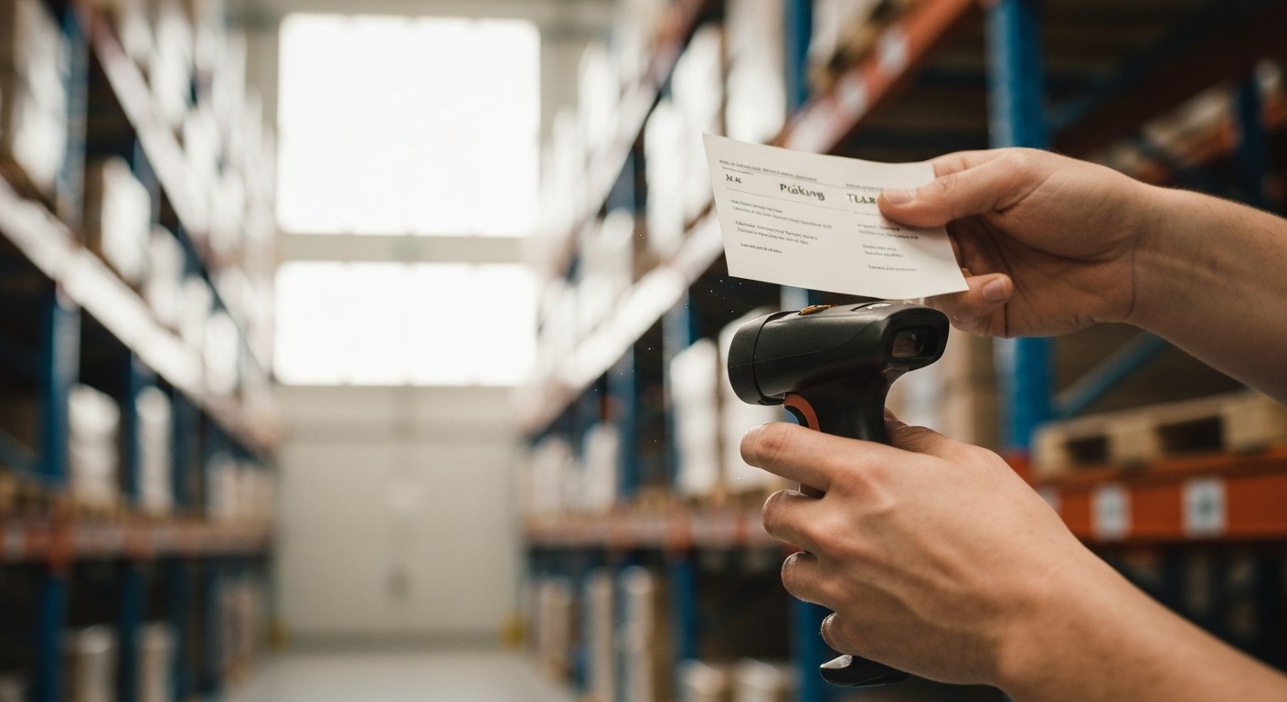 Precision in Warehouse Logistics Warehouse worker checking a picking ticket and a digital inventory scanner.