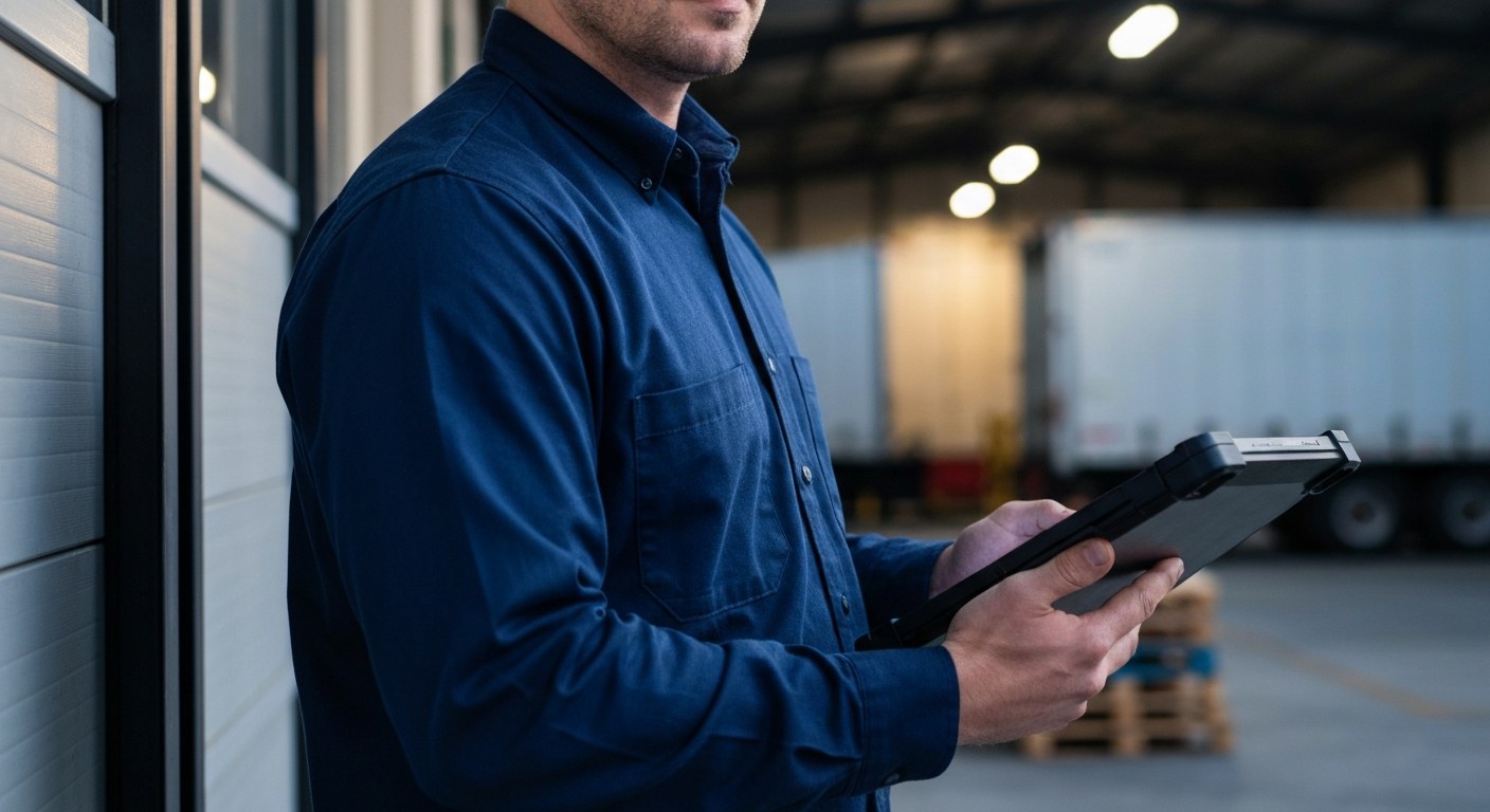Warehouse Shift Lead Working Overtime A logistics lead uses a tablet near a loading dock during a night shift, illuminated by industrial overhead lights.