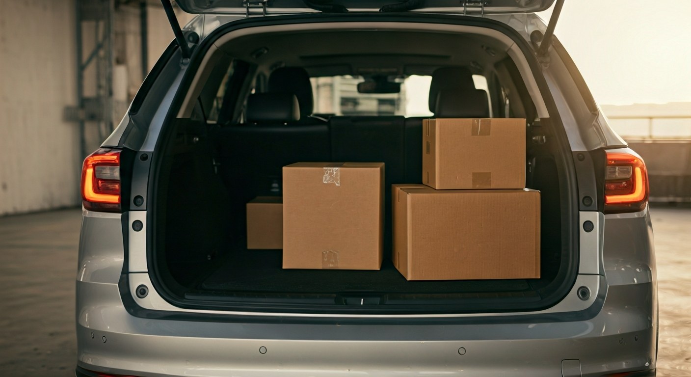 A person loading cardboard delivery boxes into the trunk of a silver SUV at a warehouse loading dock.