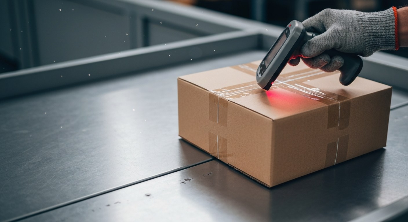 Modern Logistics Sorting Facility A close-up of a gloved hand using a handheld scanner on a cardboard package in a warehouse.