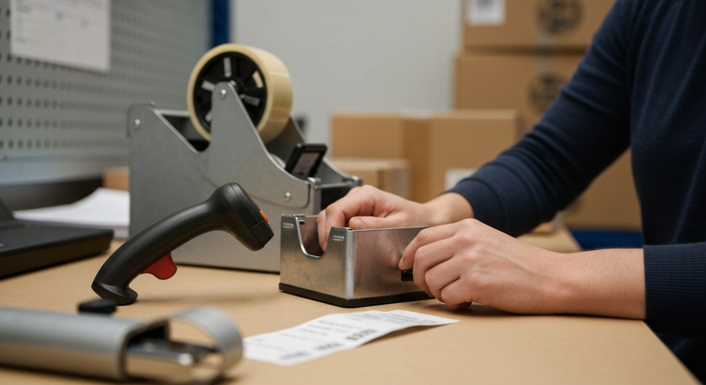 Close-up of a worker's hands at a packing table with tools arranged in the ergonomic golden zone.