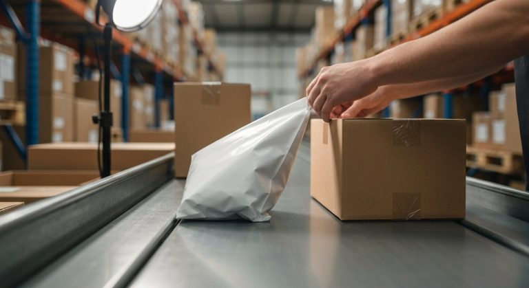 Shein Packaging Myths Exposed: Fast Fixes (2026) 1 A warehouse worker packing items into a lightweight poly-mailer and a cardboard box on a conveyor line.