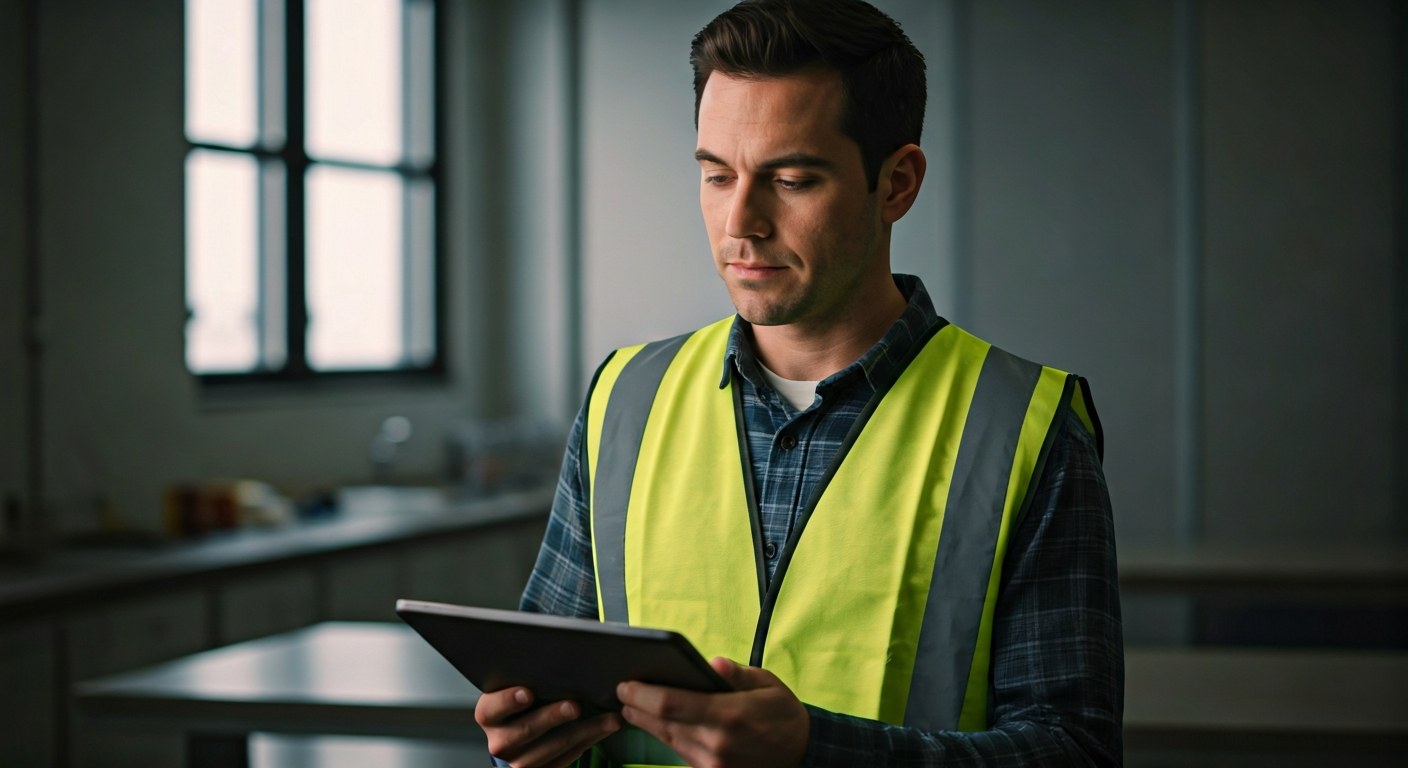 Warehouse worker reviewing performance data on a tablet in a breakroom.