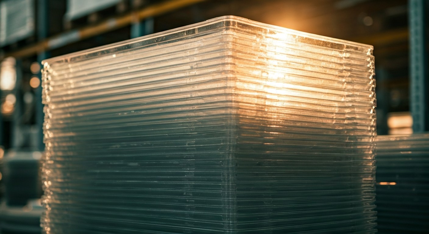 Rigid Plastic Market Dominance Warehouse Stacked clear rigid plastic trays in a warehouse setting illuminated by warm golden hour sunlight from the side.