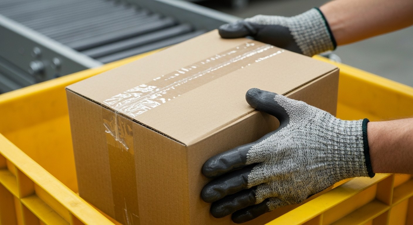 Warehouse Picking and Packing Process Close-up of gloved hands picking a cardboard package from a yellow bin in an industrial warehouse setting.