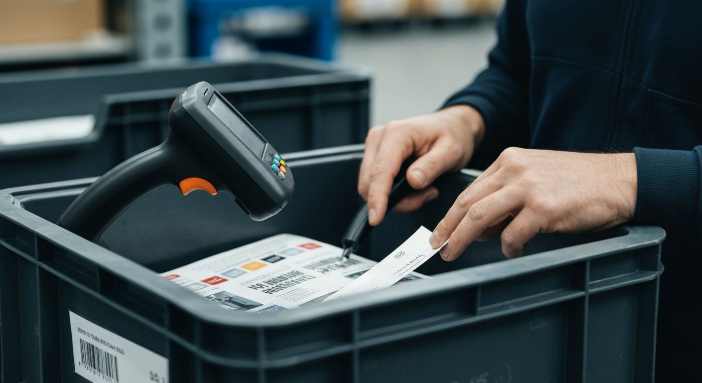 Driving Warehouse Efficiency Close-up of a warehouse worker's hands picking items and using a scanner.