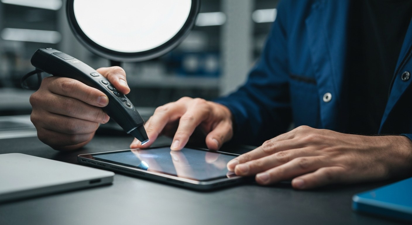 Rigorous Warehouse Quality Inspection Process Detailed view of hands inspecting a tablet for scratches at a quality control station in a warehouse.