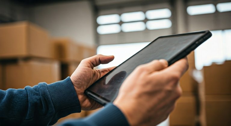 Close-up of hands using a rugged tablet to scan inventory on a warehouse loading dock with cardboard boxes.
