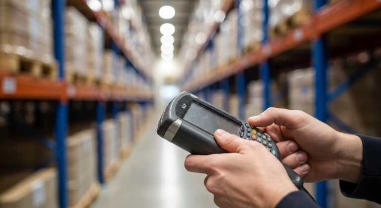 Warehouse Resume Skills: Use These or Fail (2026 Tips) 3 Close-up of hands operating a handheld industrial barcode scanner in a warehouse setting.