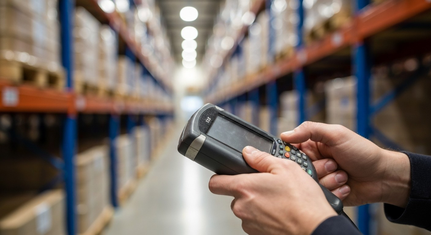Mastering Technical Warehouse Tools Close-up of hands operating a handheld industrial barcode scanner in a warehouse setting.
