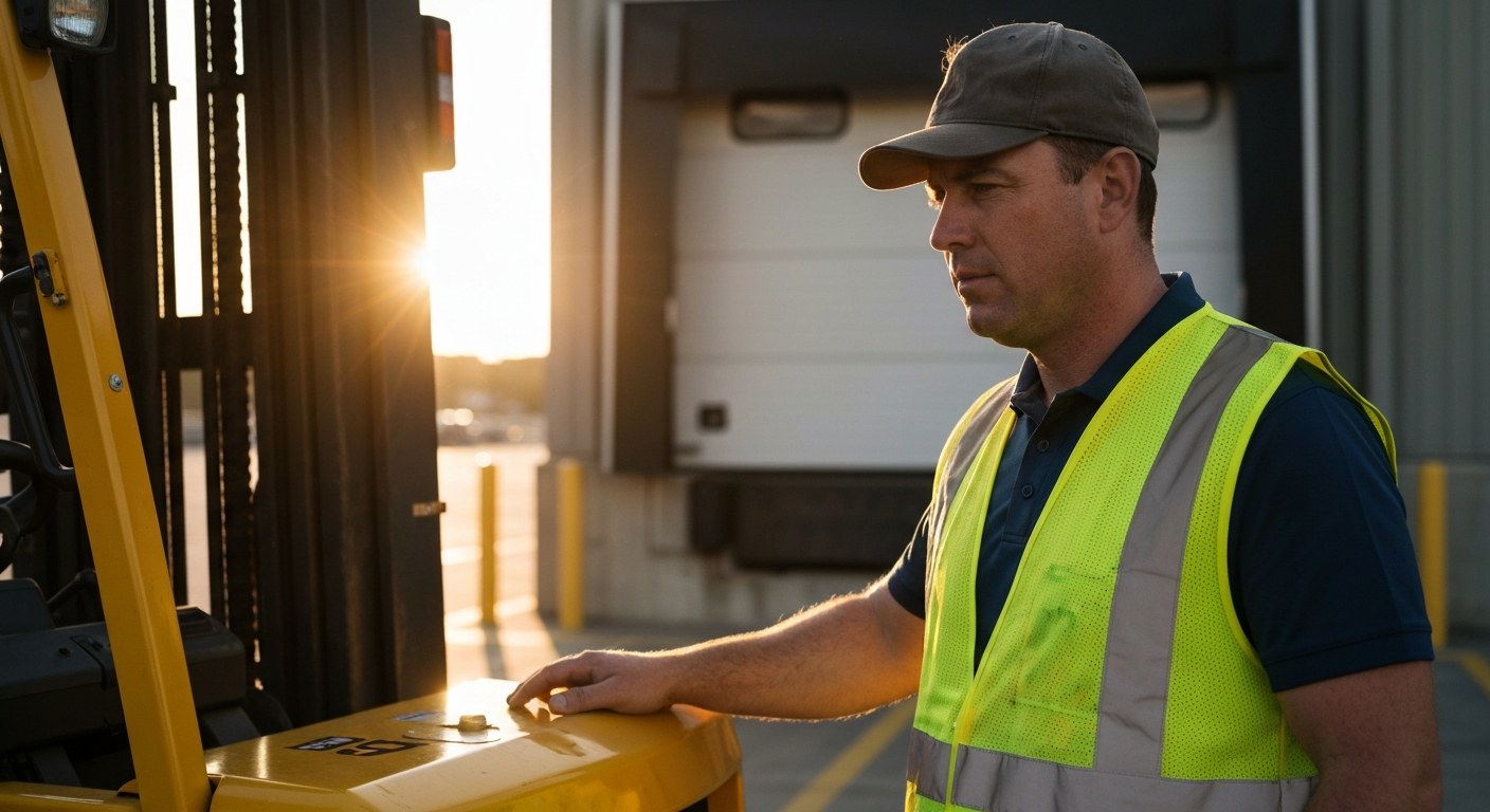 Warehouse Manager and Forklift Safety A warehouse manager in a safety vest standing near a forklift in a sunlit distribution center.