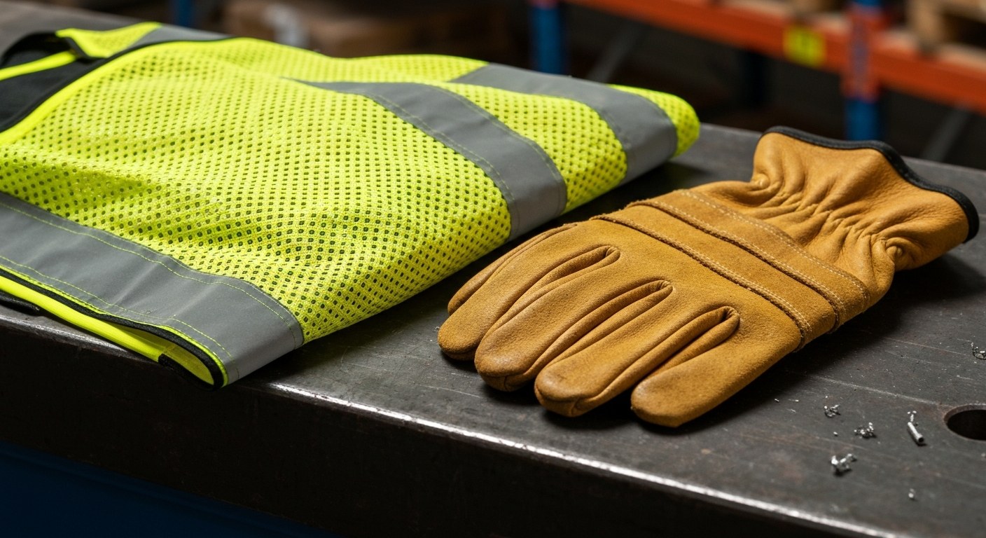 Warehouse Safety Equipment Close-up Close-up of a yellow safety vest and worn work gloves on a metal workbench.