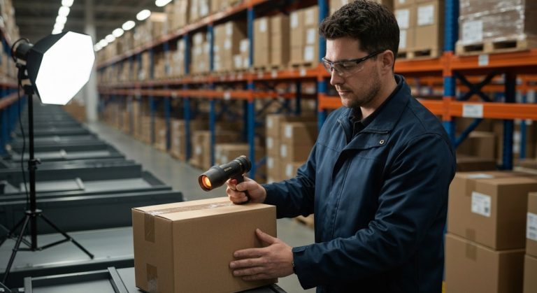 Amazon Flex Sub Same Day: Worth It? (Earnings) 2 A warehouse worker in a neutral vest scanning a cardboard box in a busy fulfillment facility.