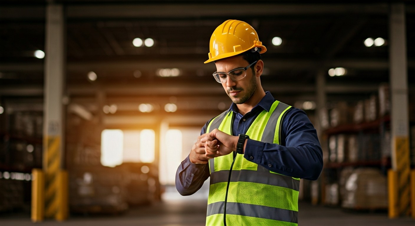 The Power of Reliability Warehouse worker checking their watch in a loading bay during golden hour.
