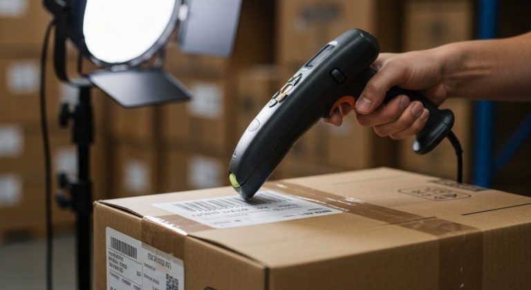 What is a SKU? Do You Need One? (Answered) 5 Close-up of a warehouse worker using a scanner on an alphanumeric SKU label on a shipping box.
