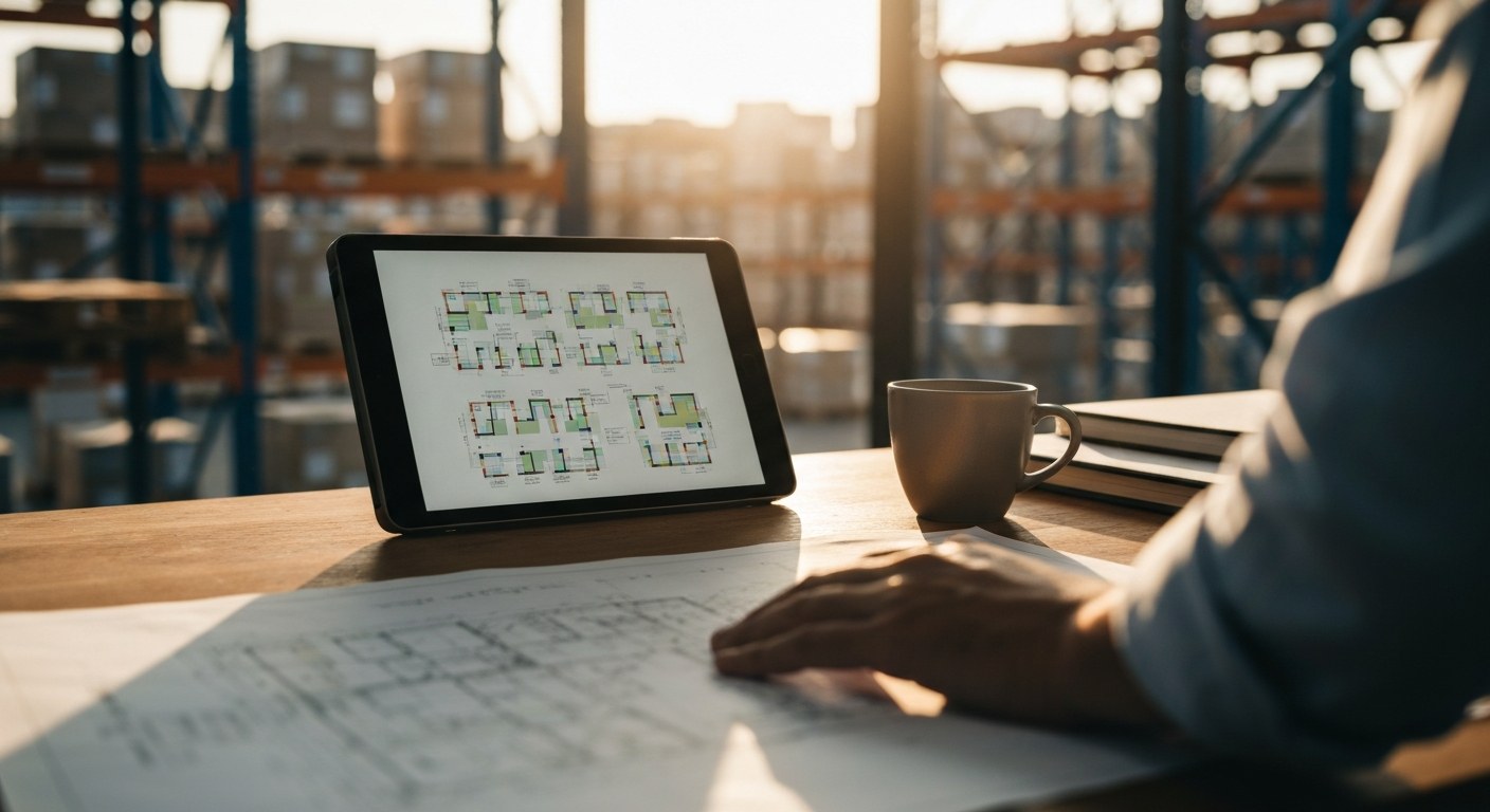 Warehouse manager's hand pointing at a facility layout map on a wooden desk with racking in the background.