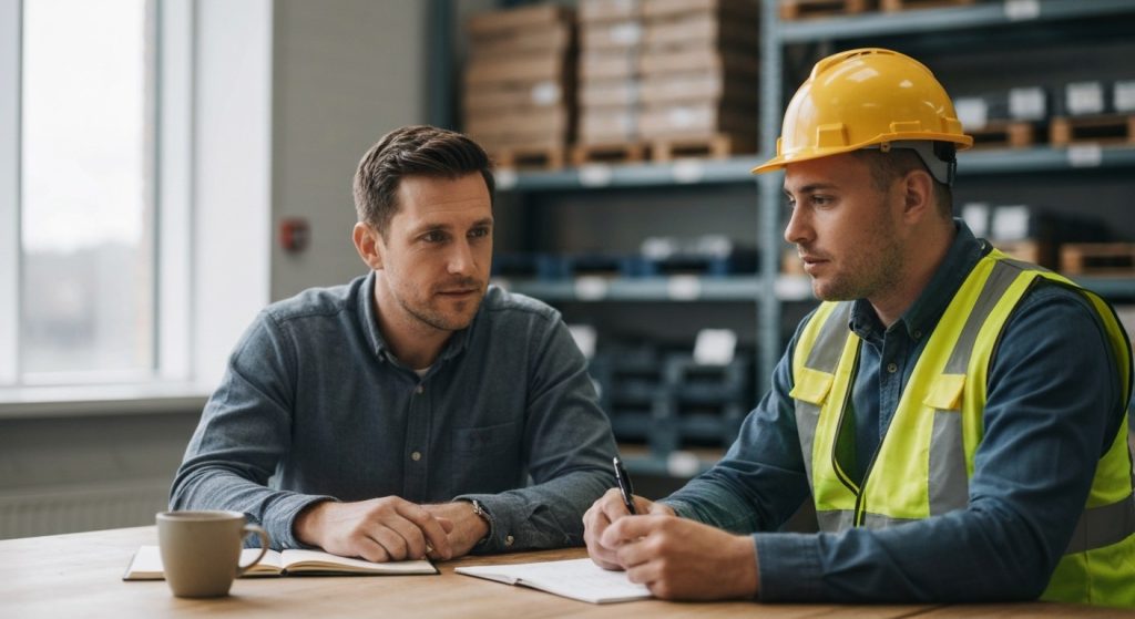 A warehouse supervisor and employee sit at a wooden table in a sunlit office discussing a notebook during a review.