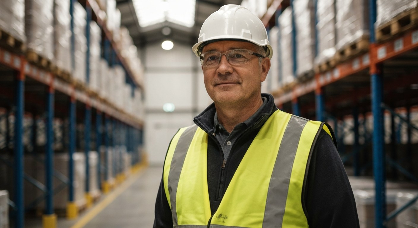 Professional Warehouse Supervisor in Distribution Center A warehouse supervisor in a safety vest stands confidently in a large, sunlit distribution center with high shelving.