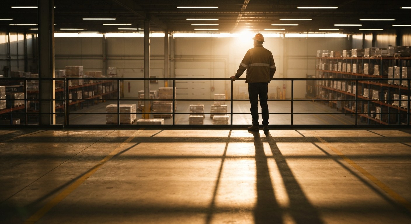 Strategic Warehouse Management and KPI Monitoring A warehouse supervisor overlooks an organized loading dock floor from a mezzanine during golden hour.