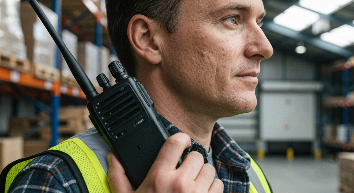 Warehouse Supervisor Coordinating Team with Radio A warehouse supervisor in a safety vest holds a professional two-way radio while overlooking a busy distribution center.