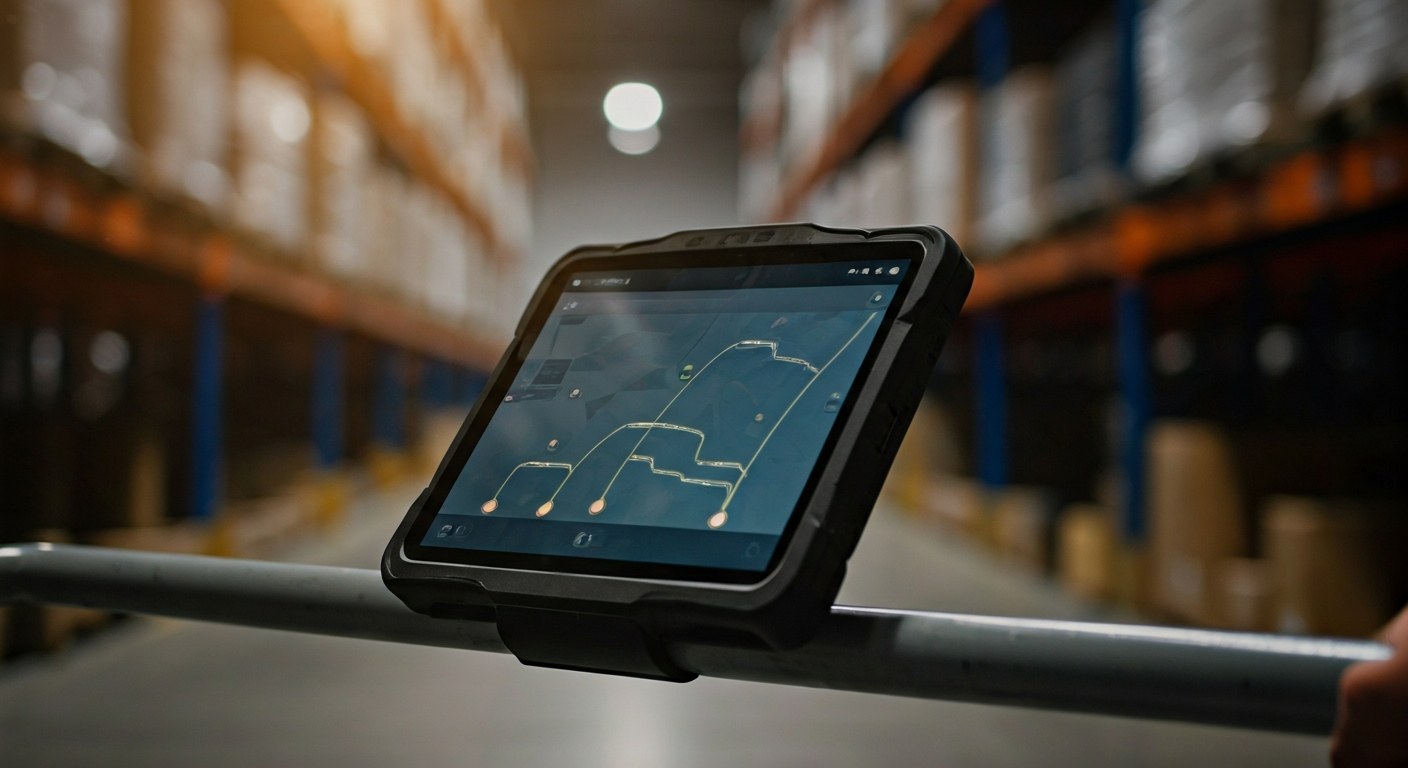 Close-up of a rugged tablet showing a navigation map mounted on a metal cart in a warehouse setting.