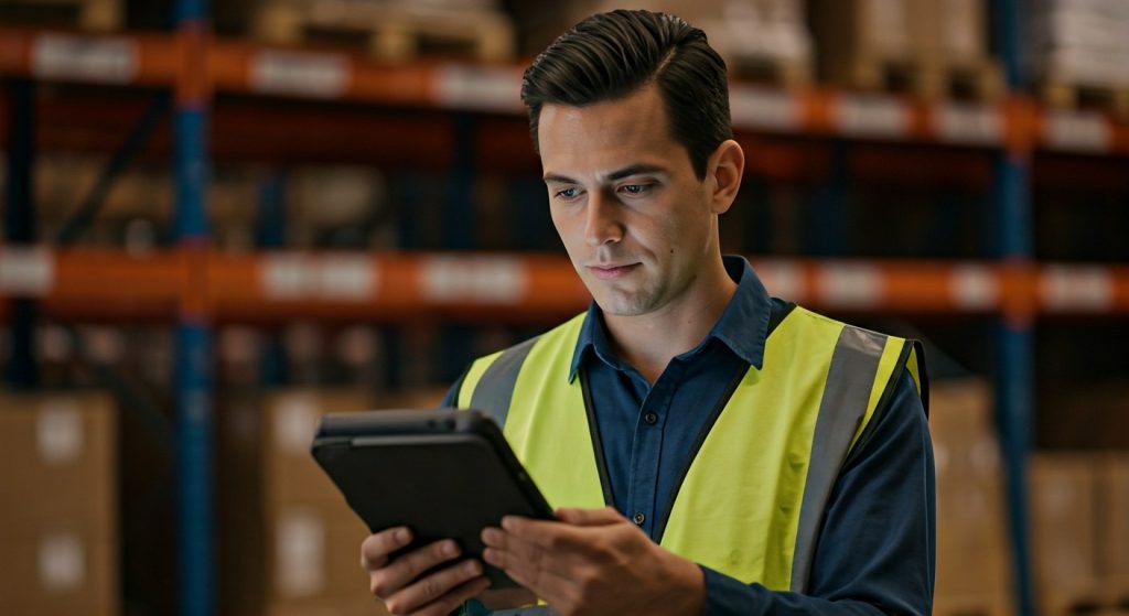 Warehouse technician reviewing data on a handheld tablet in a modern logistics facility.