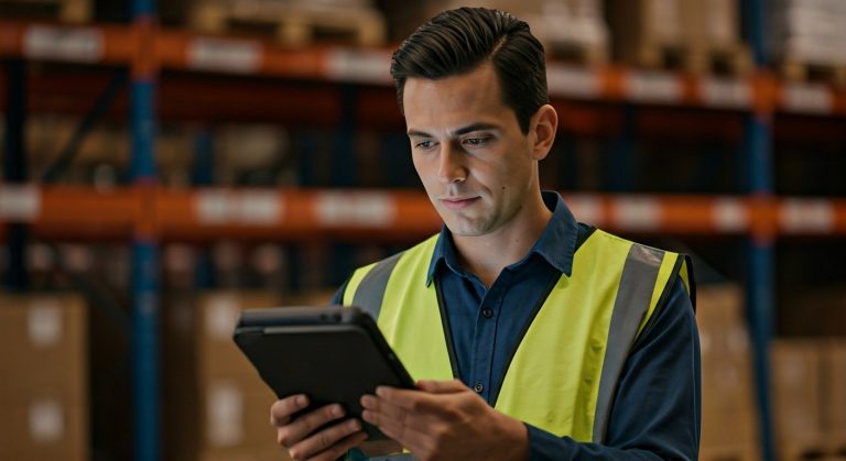 Warehouse technician reviewing data on a handheld tablet in a modern logistics facility.