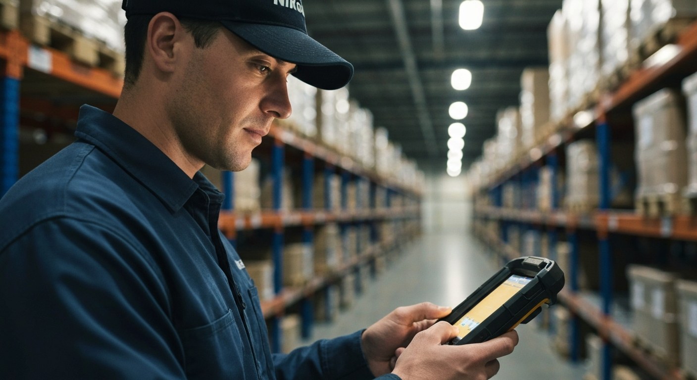Technology in Modern Logistics Facilities A worker uses a handheld scanner device that glows softly in a dimly lit warehouse aisle.