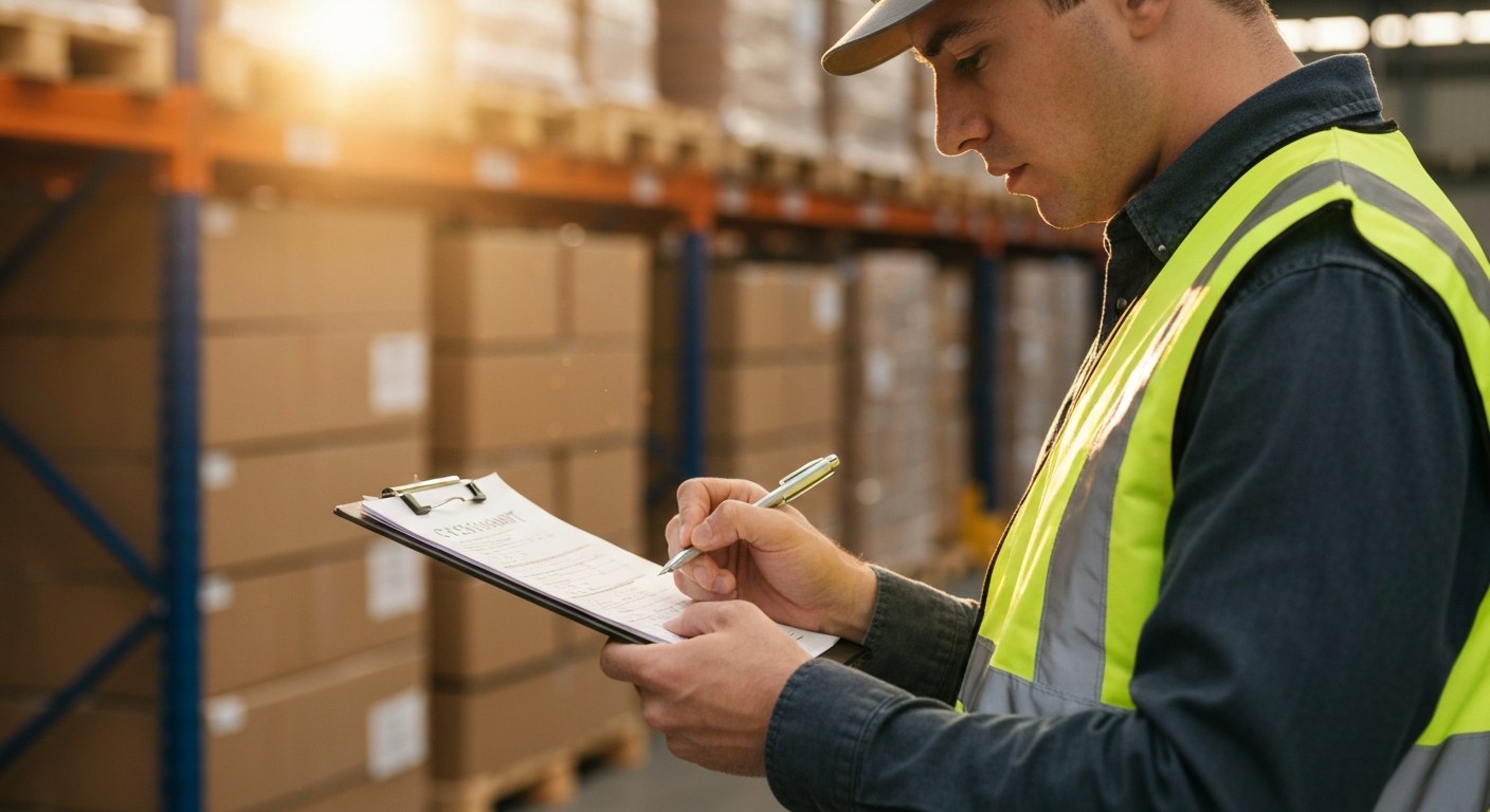 A warehouse worker checking a clipboard near stacked pallets, illuminated by warm golden hour sunlight through a window.