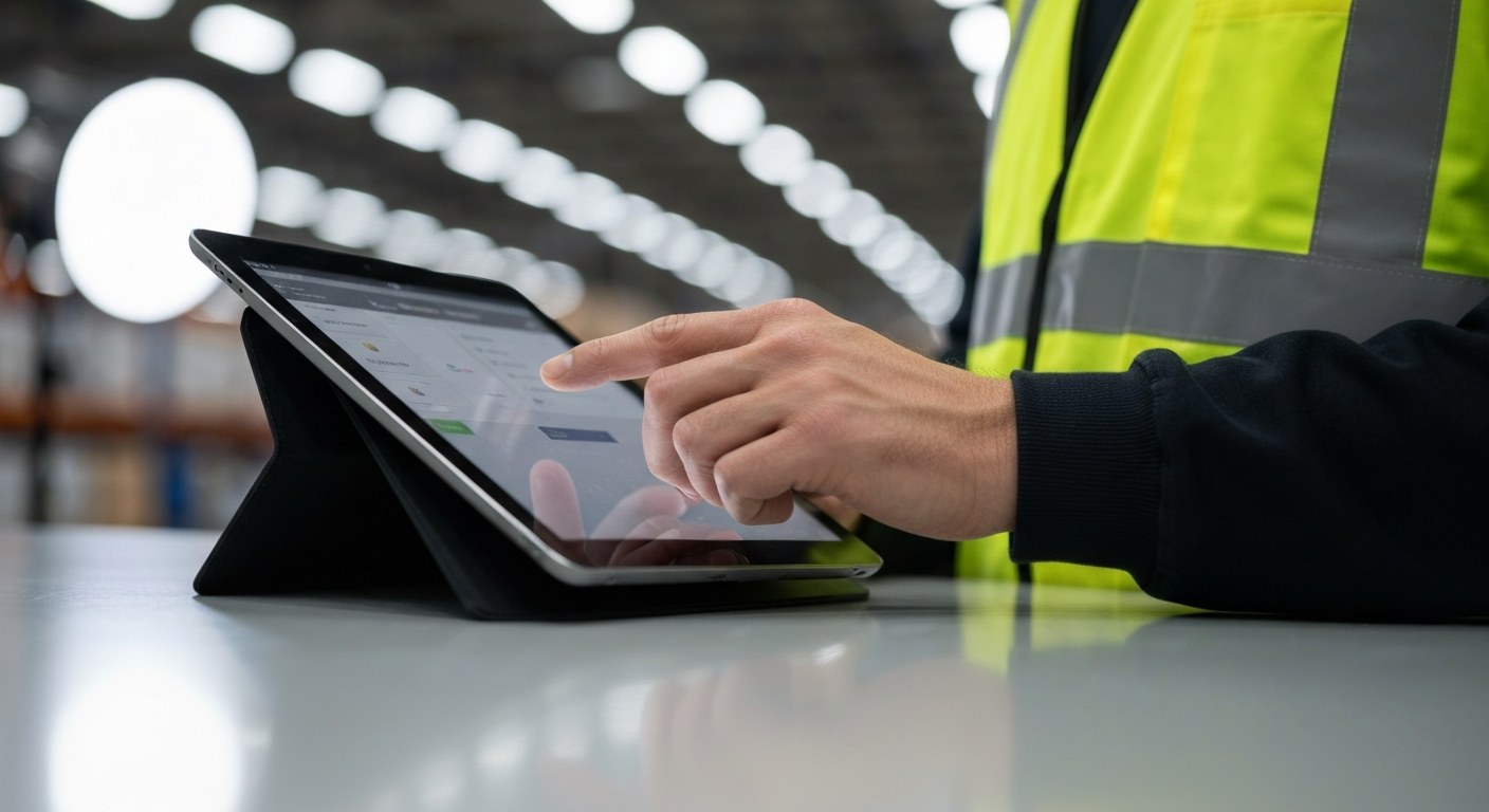 Logistics Worker Using Warehouse Technology Close-up of a worker's hands using a digital tablet in a warehouse with a blurred background of logistics equipment.
