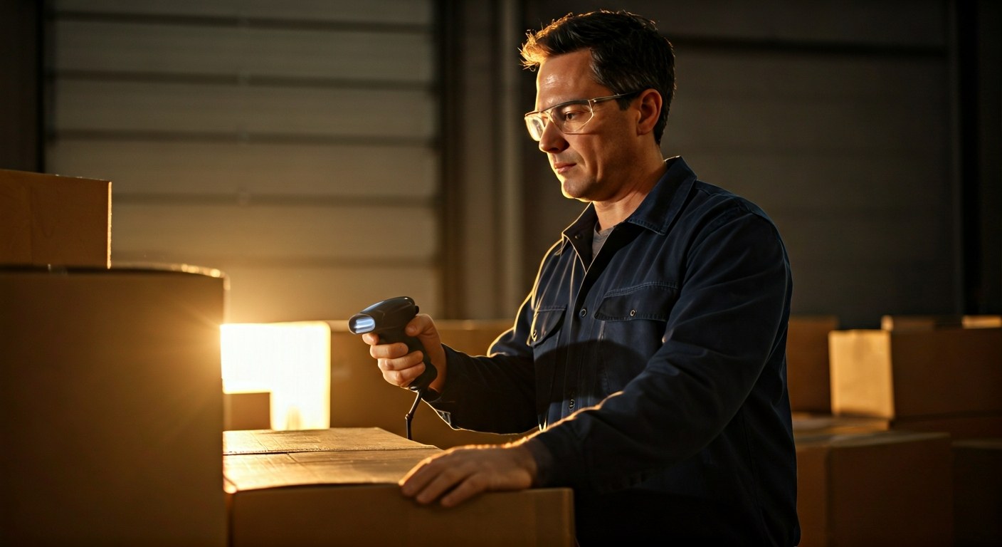 Inventory Management and Order Fulfillment A warehouse worker using a handheld scanner to check inventory on a pallet.