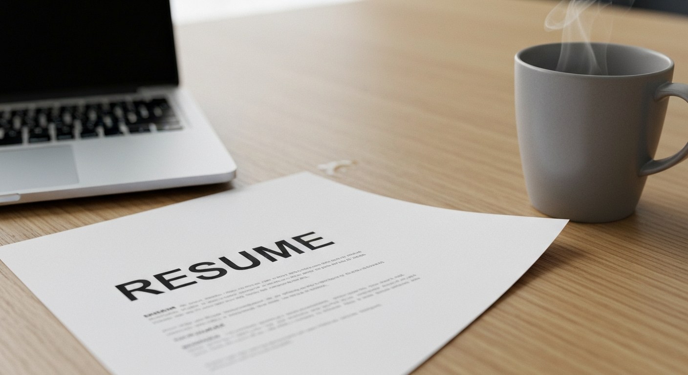 Professional Warehouse Resume on Modern Workspace Desk A professional resume lies on a wooden desk next to a steaming mug of coffee in a bright office.