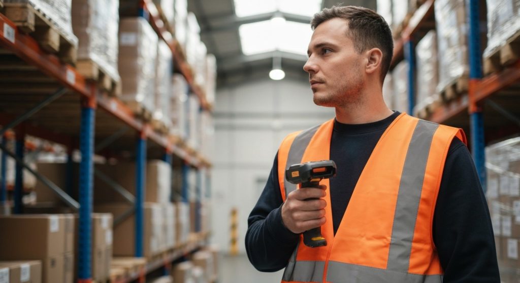 Does UPS Drug Test Warehouse Workers? (The Real Truth) 7 Warehouse worker in high-viz vest holding an industrial scanner in a busy distribution center aisle.