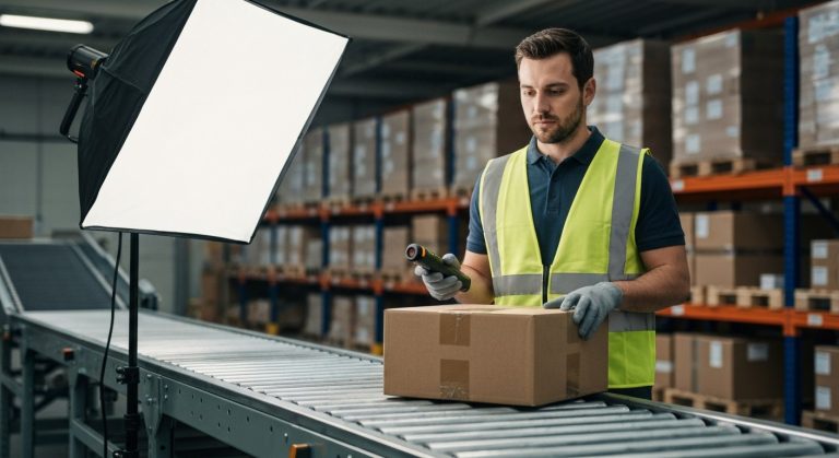 A warehouse worker focused on scanning a package on a conveyor belt in a logistics facility.