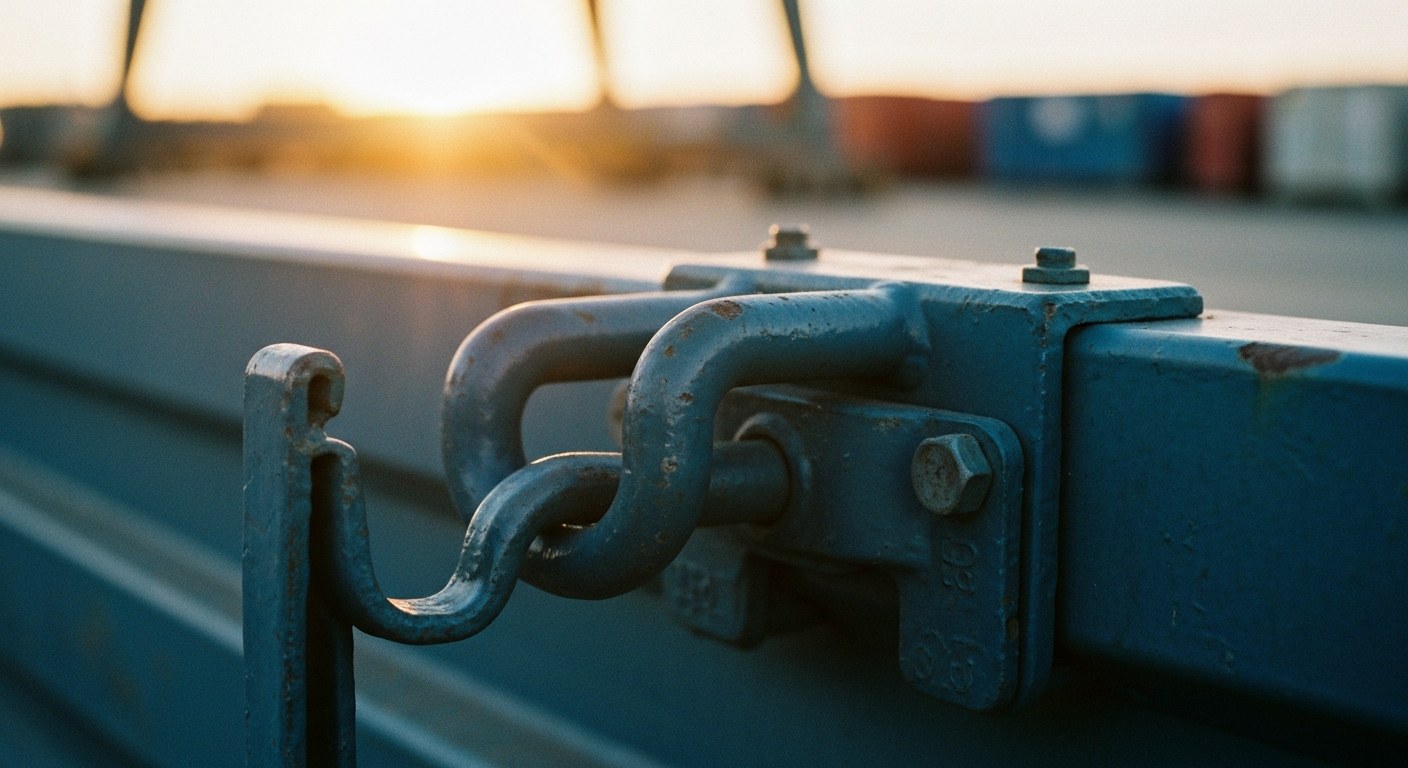 West Coast Logistics Hub Shipping Container A close-up of a weathered metal latch on a blue shipping container at a sunlit West Coast shipping port.