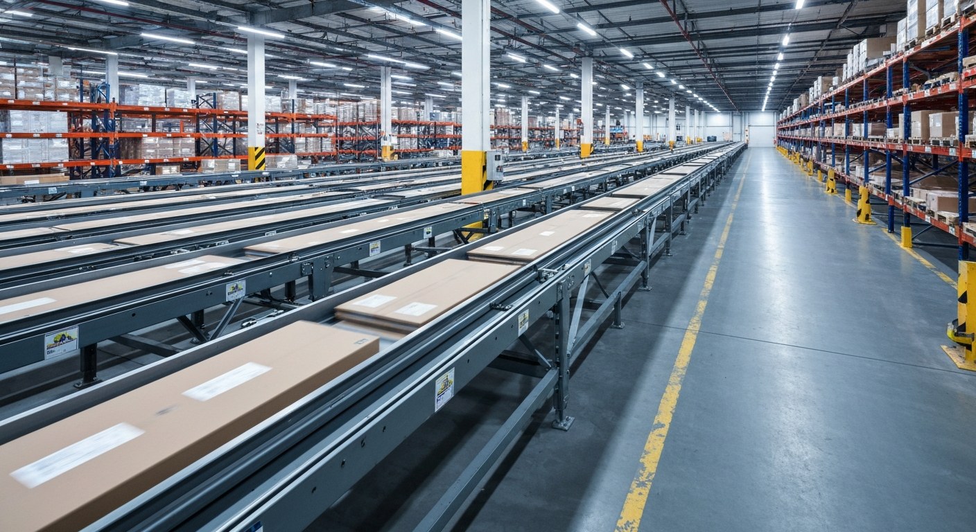 Wide view of a large, busy warehouse with conveyor belts and industrial machinery.