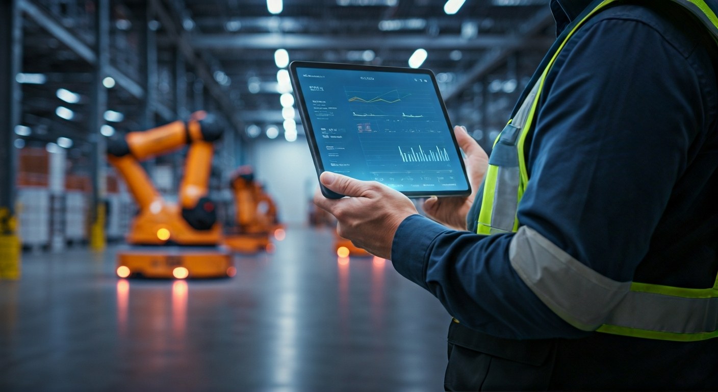 Advanced WMS and AI Logistics Integration A warehouse manager using a tablet computer in a large, blurred industrial logistics environment.