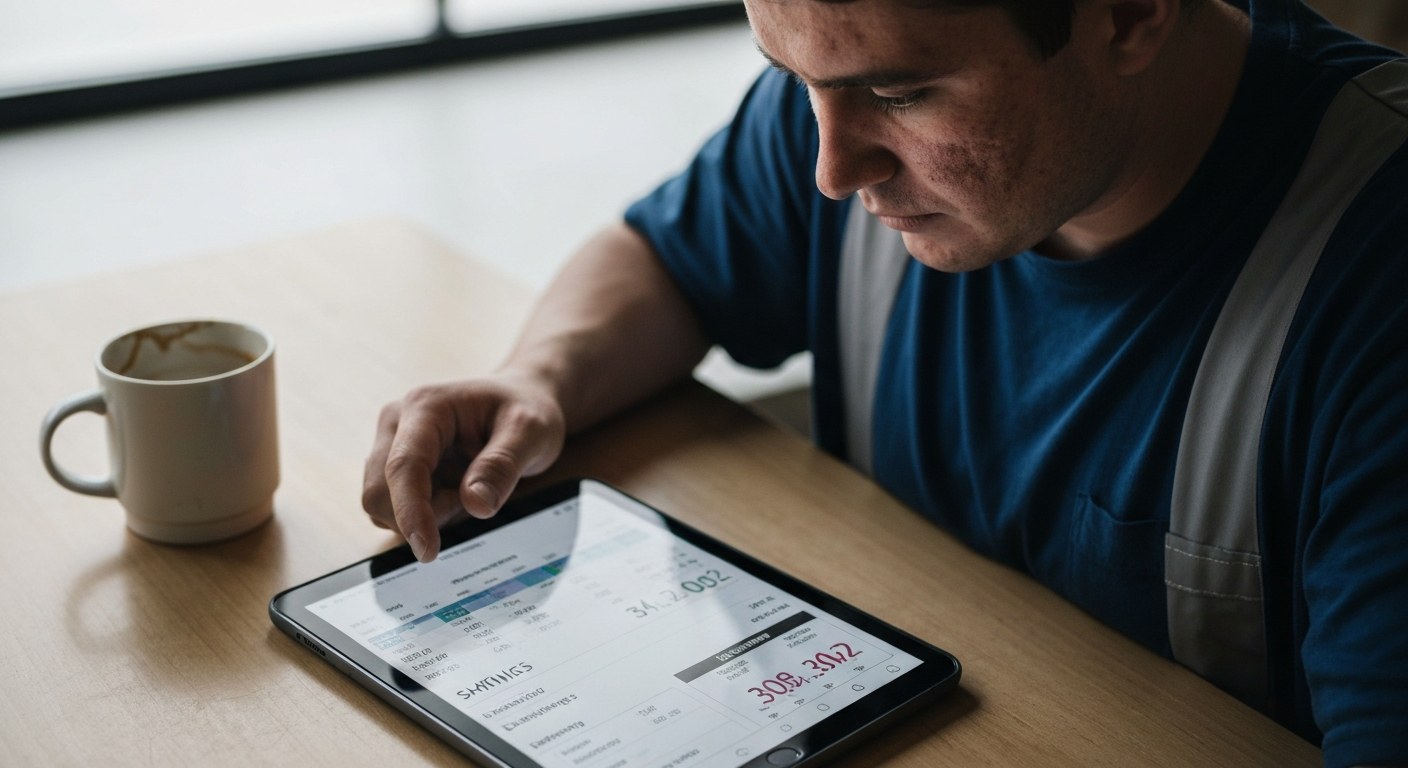 A warehouse worker looking at earnings data on a tablet in a breakroom.
