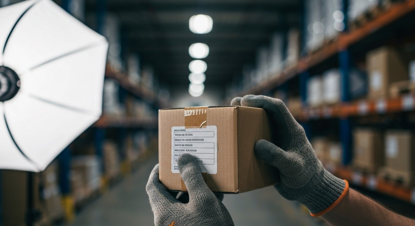 Mastering SSD Package Throughput Close-up hands in gloves holding a small cardboard package scanned in a warehouse.